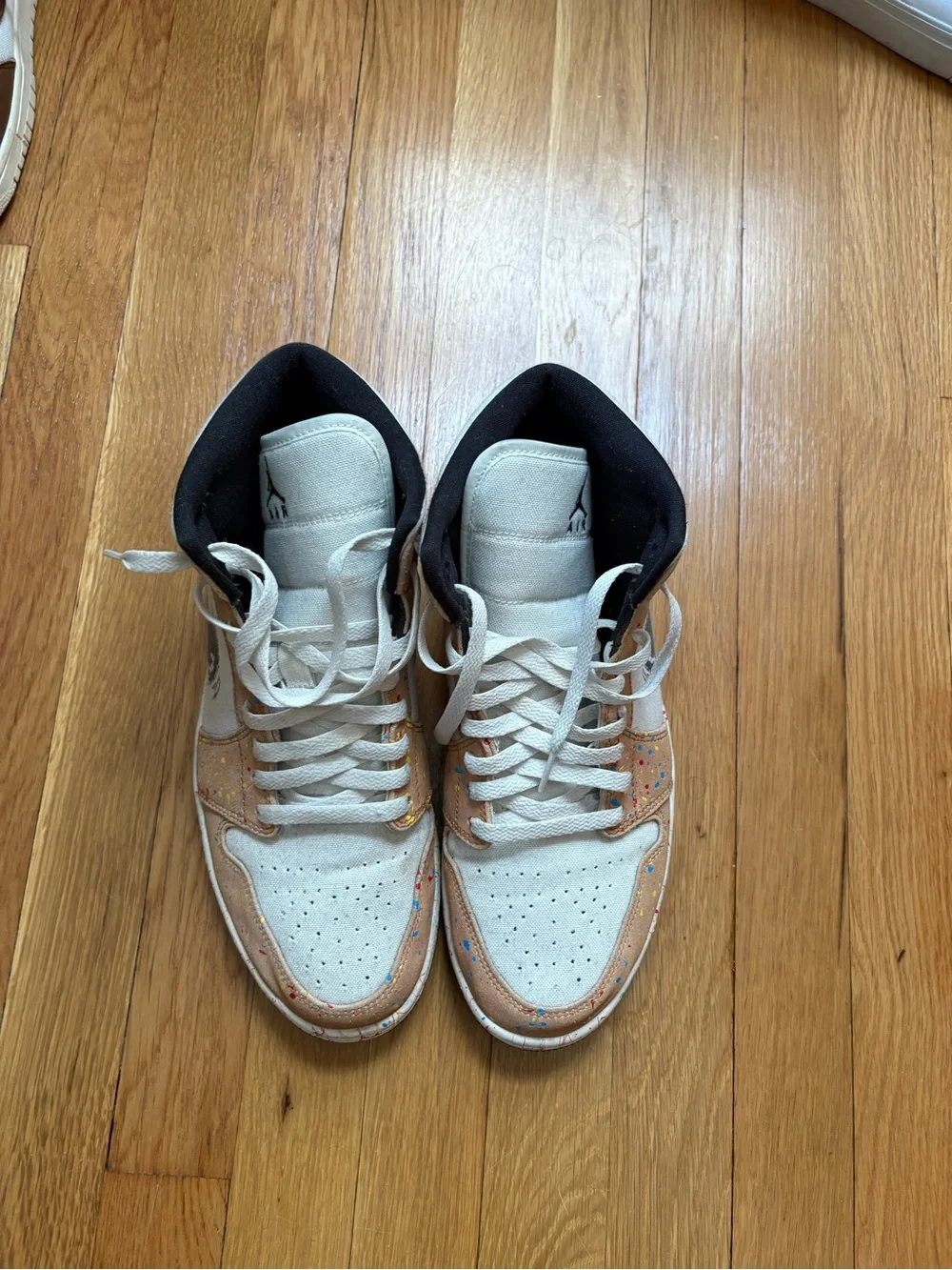 Nike Air Jordan 1 Mid White & Tan with Paint-Splatter Accents